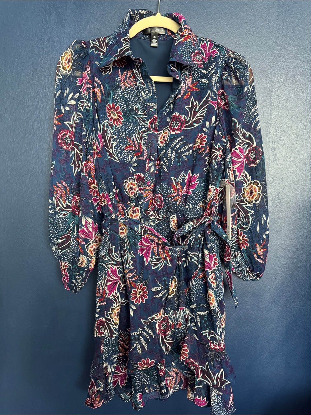 Aqua Navy Floral Button-Front Mini Dress with Tie Waist